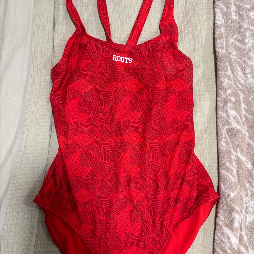 Roots Red Leaf Pattern Swimsuit